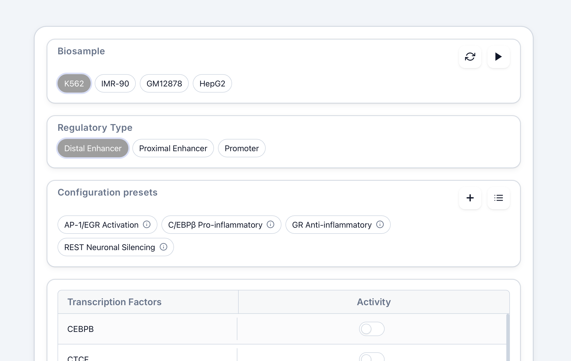 Axis web interface showing transcription factor configuration