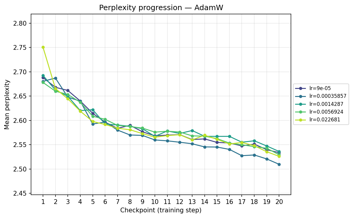 Perplexity progression — AdamW (checkpoint)